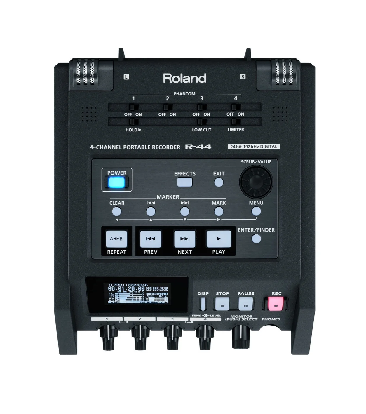 Roland R-44 Professional compact high-density four-track recorder Built-in microphone and monitor speakers 48V phantom power |