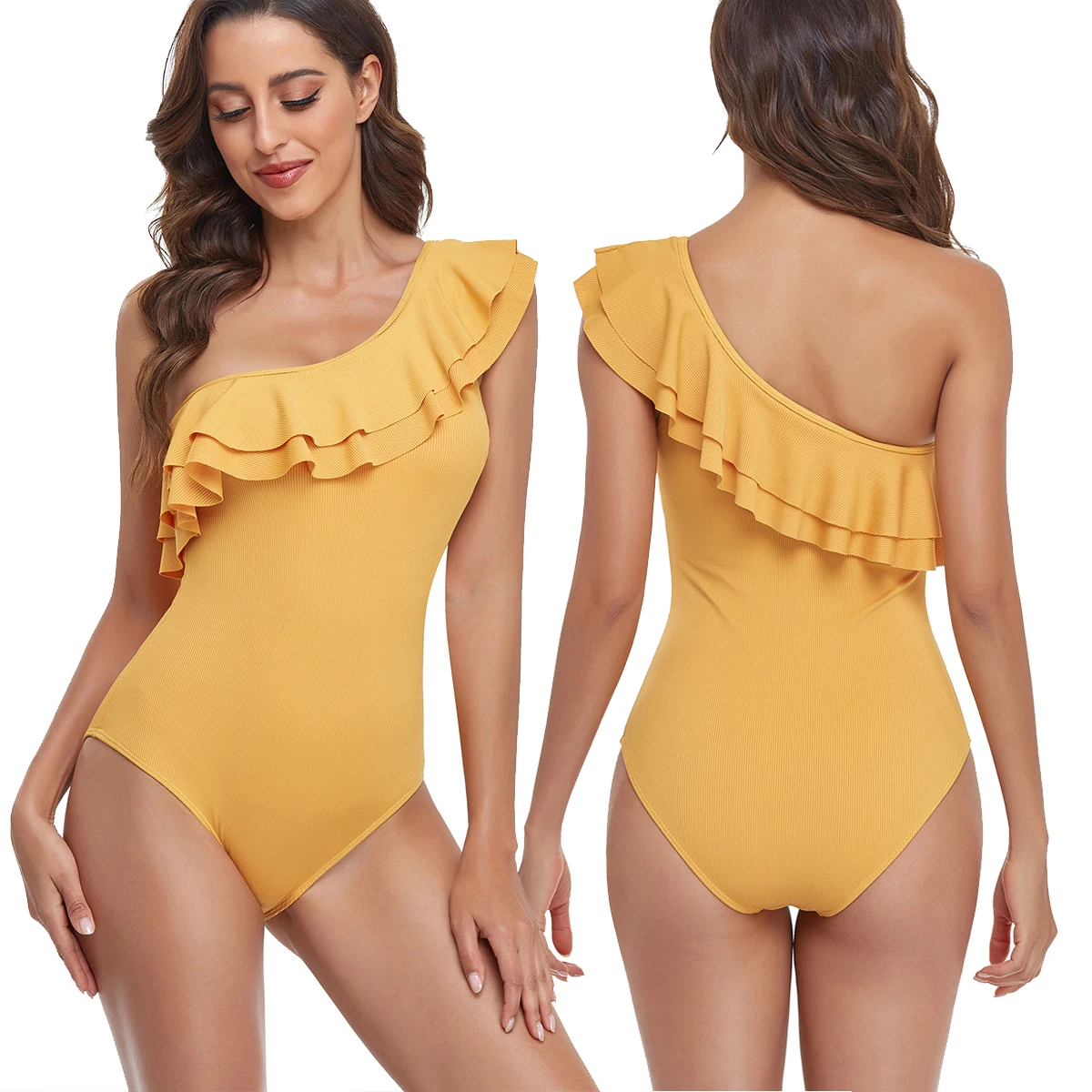 

Пляжный купальник на одно плечо с оборками, новинка 2022, стильный женский купальник, цельный купальный костюм для девочек, Женский комплект б...