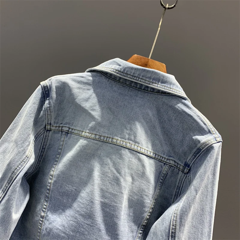 Весенне-осенняя винтажная синяя тонкая короткая джинсовая куртка женская