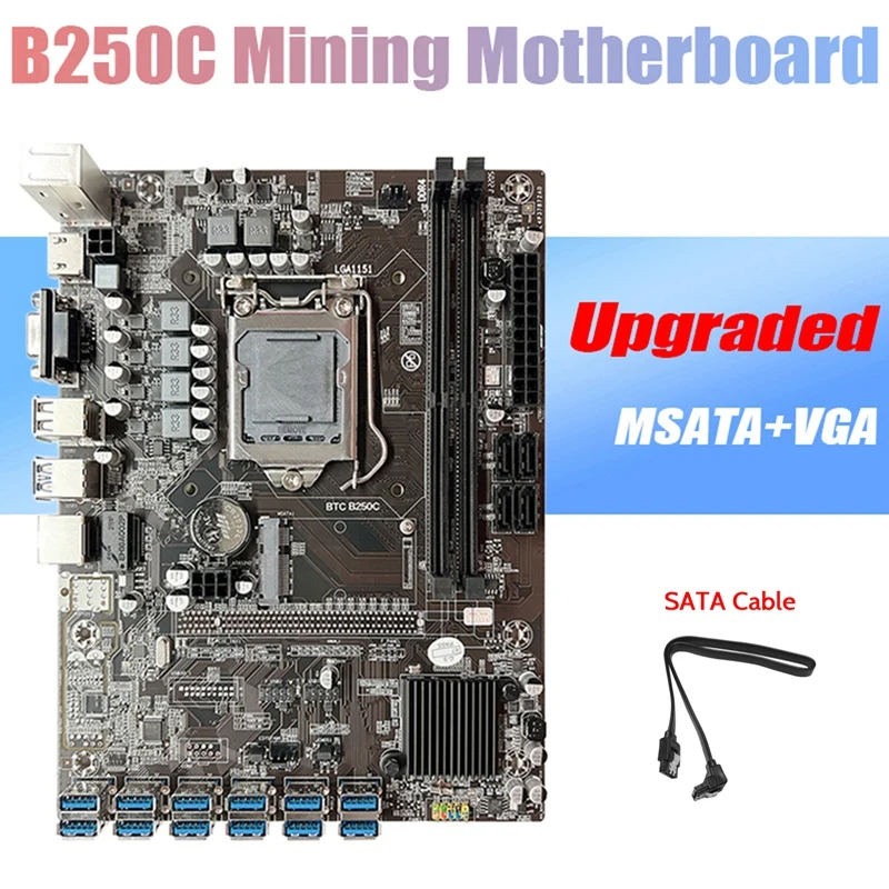B250C BTC Mining Motherboard+SATA Cable 12XPCIE To USB3.0 Graphics Card Slot LGA1151 Support DDR4 DIMM RAM For ETH Miner