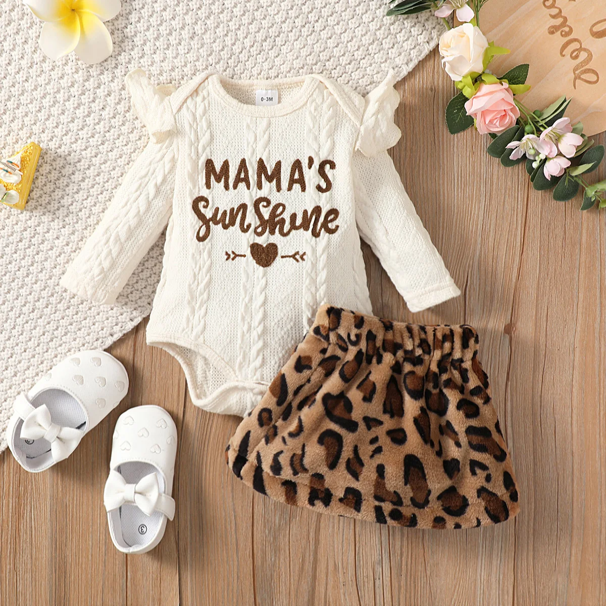 PatPat Dress Newborn Baby Girl Clothes Overalls Letter Embroidered Ruffle Long-sleeve Romper and Leopard Fuzzy Skirt Costume Set