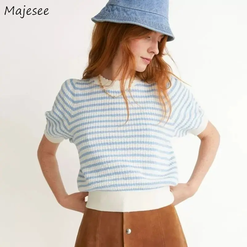 

Летняя Новинка 2022, стильные женские футболки с пышными рукавами и круглым вырезом, в полоску, для милой девушки, универсальные, дышащие, для отдыха, простые, модные женские футболки