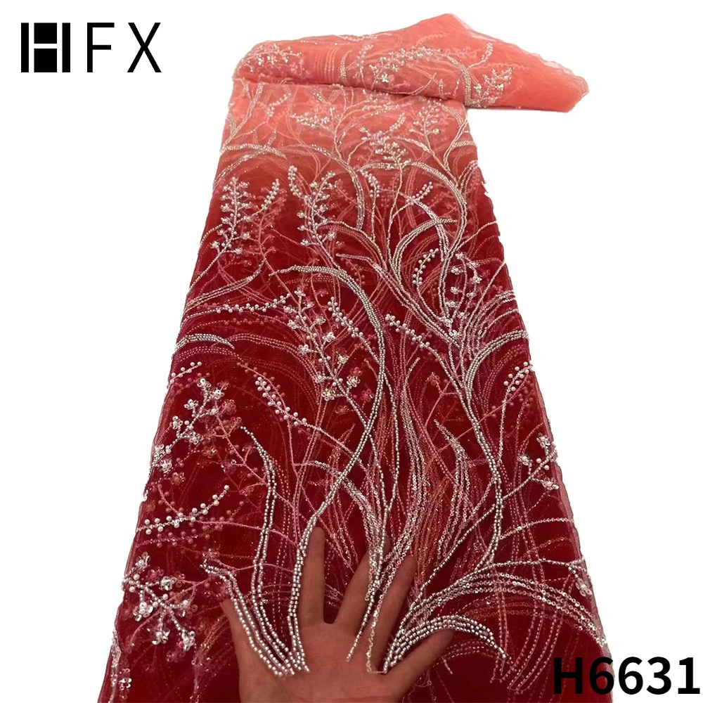 

HFX Red French Lace Fabric Luxury Beads Embroidered Lace Fabric 2022 High Quality Sequins Beaded Laces For Wedding Dress F6631