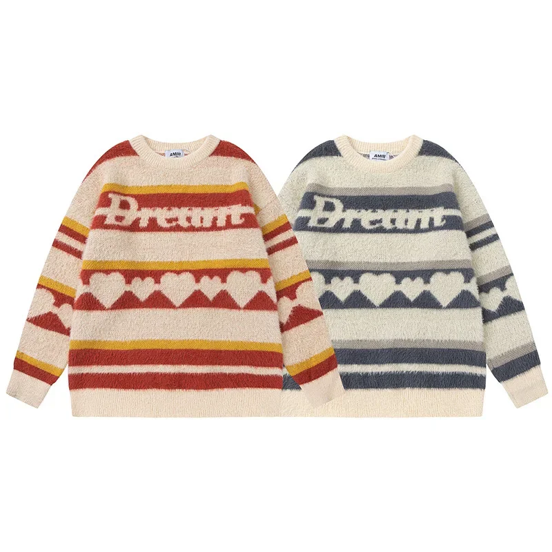 Винтажный полосатый свитер с круглым вырезом на флисовой подкладке в форме