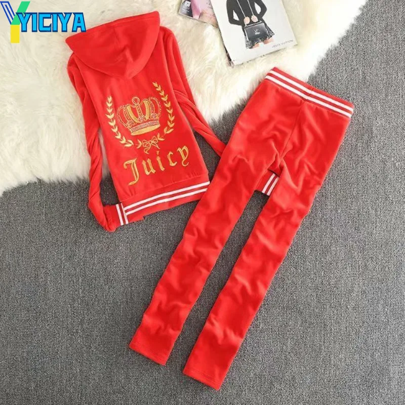 YICIYA Velvet Tracksuit Women's Two Piece Straight Pants And Zipper Sweatshirt Sewing Suit Sportswear Female Juicy Sweatsuits