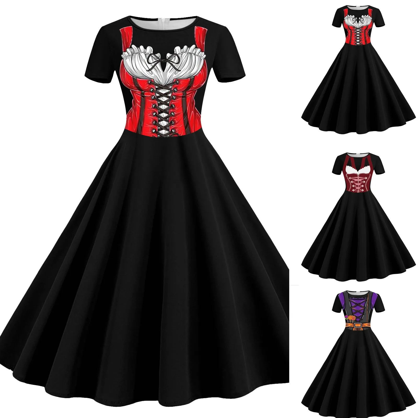 

Casual Vintage Cocktail Dresses For Women Short Sleeve Knee Length Retro A Line Flared Swing Waist Defined Dress for Women