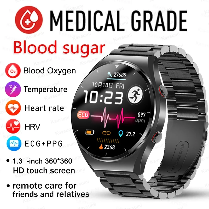 

Noninvasive Blood Sugar Smart Watch Men ECG+PPG Precise Body Temperature Heart Rate Monitor Smartwatch HRV Blood Pressure Watch