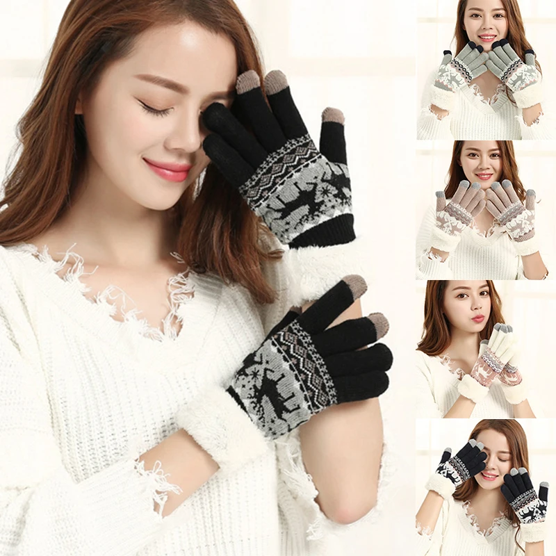 

Winter Touch Screen Gloves Women Men Warm Stretch Knit Mittens Imitation Wool Full Finger Gloves Female Crochet Skiing Gloves