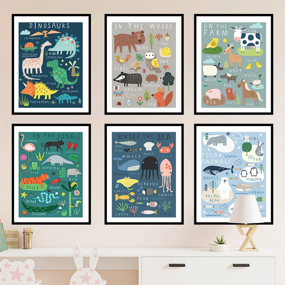 

Настенная картина из джунглей, океан, ферма, животные, динозавры, детская комната, Настенная картина, скандинавские плакаты и принты, Мультя...