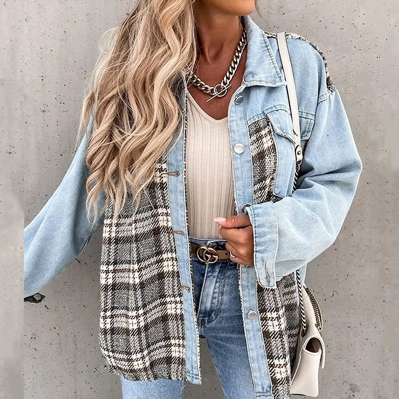 

Women Office Single Breasted Button Shirt Tops Casual Plaid Print Patchwork Coats Fashion Autumn Lapel Long Sleeve Denim Jackets