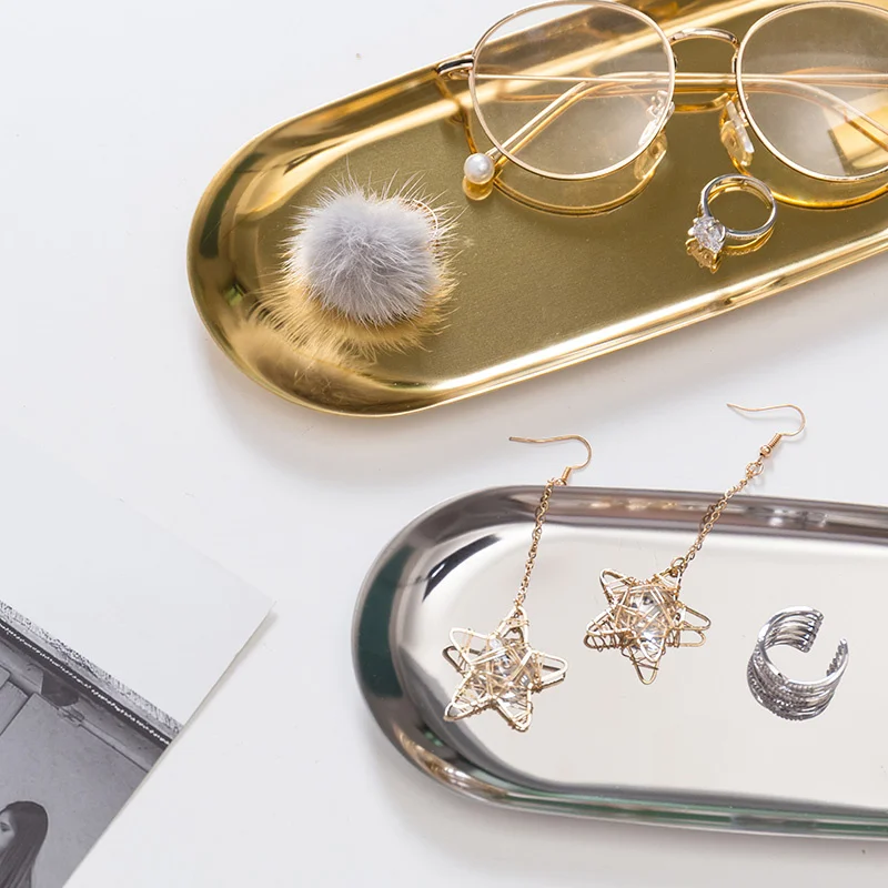 Nordic Desktop Storage Golden Stainless Steel Tray Luxurious Gold Oval Jewelry cosmetic Trays Metal Home Decor |