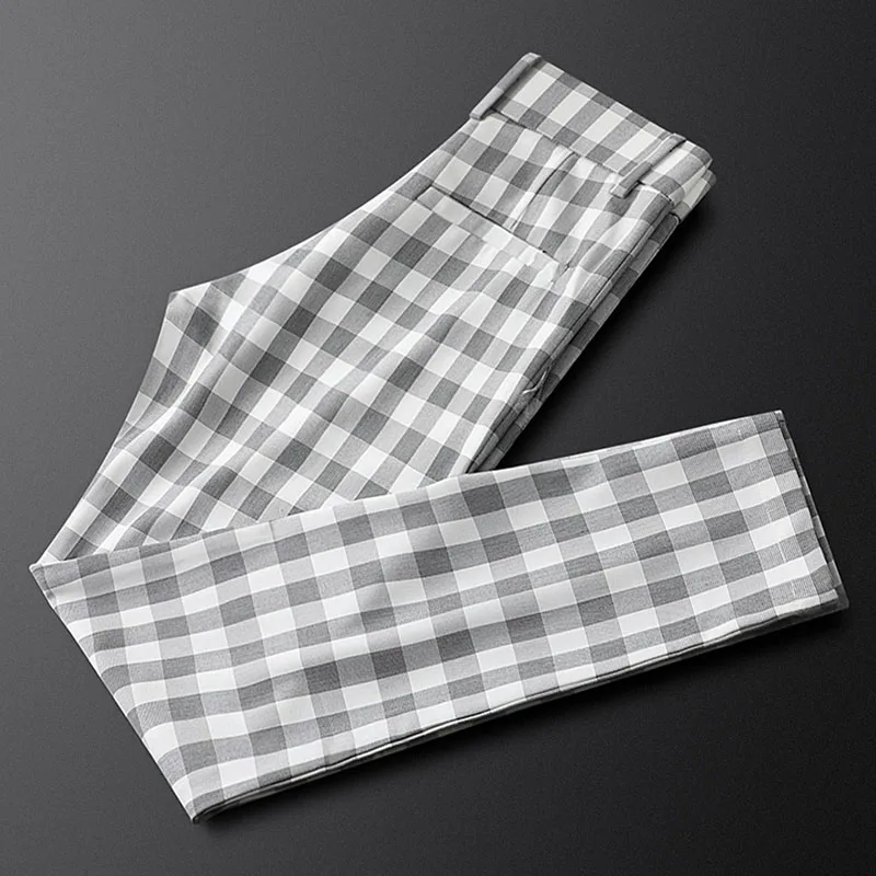 Spring new light luxury American plaid pants men's small feet slim leisure business high-end men's pants