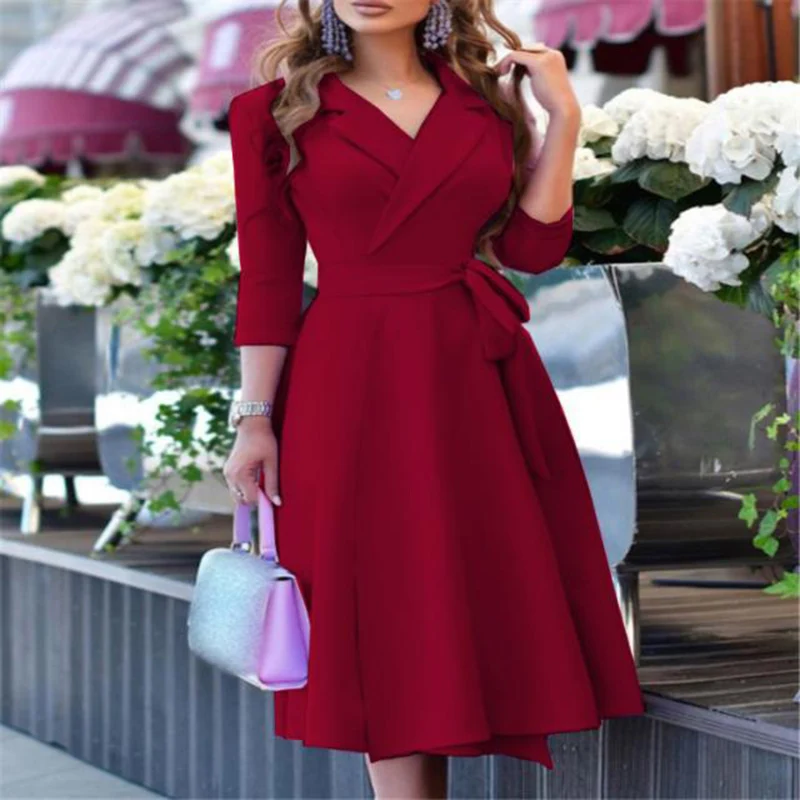 

Vintage Women Floral Print A-line Party Dress Spring Autumn Fashion V Neck Long Sleeve Belt Dresses Elegant Office Lady Vestidos
