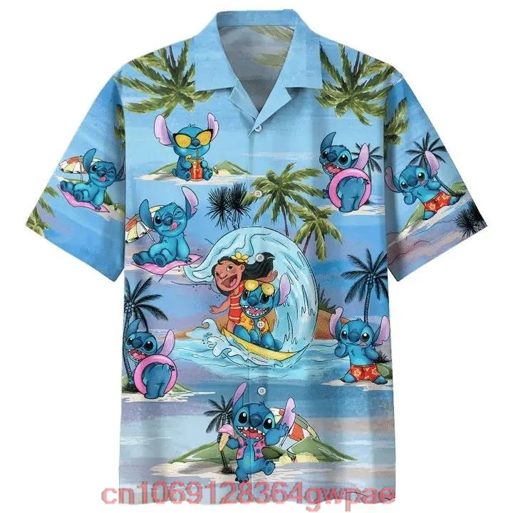 Гавайская рубашка для серфинга Lilo And Stitch Повседневная пляжная с коротким рукавом