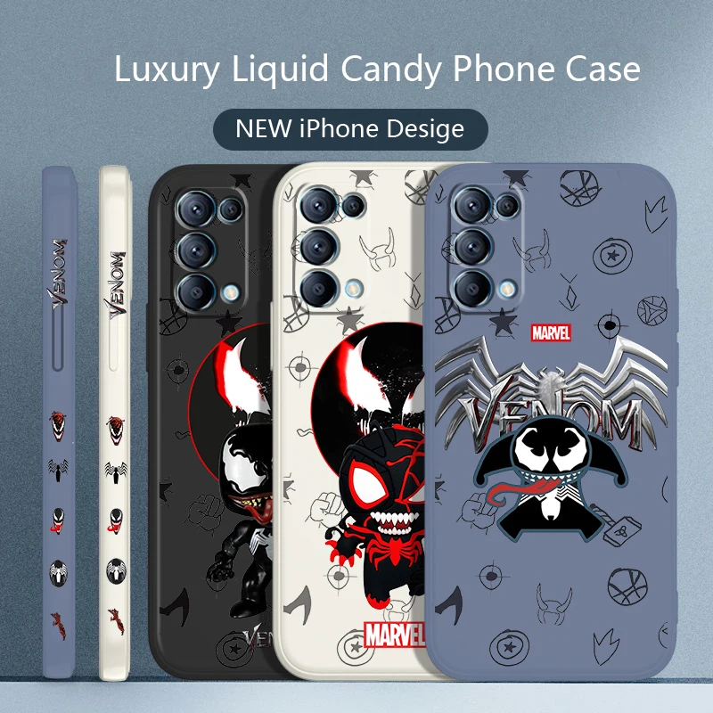 

Marvel Venom Hero Cool Phone Case For OPPO Find X5 X3 X2 neo Pro Lite A5 A9 2020 A53S 4G 5G Liquid Left Rope Candy Cover Fundas