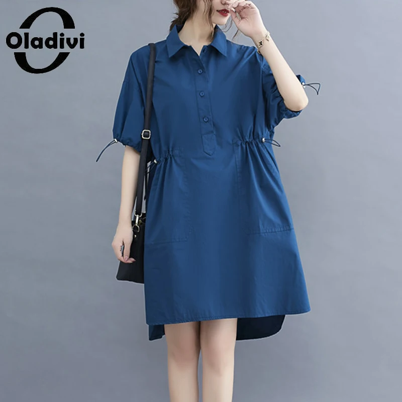 

Oladivi Oversized Women Clothing Casual Loose Slim Waist Blosues Solid Color Short Sleeve Shirts Spring Summer New Blusas 2989