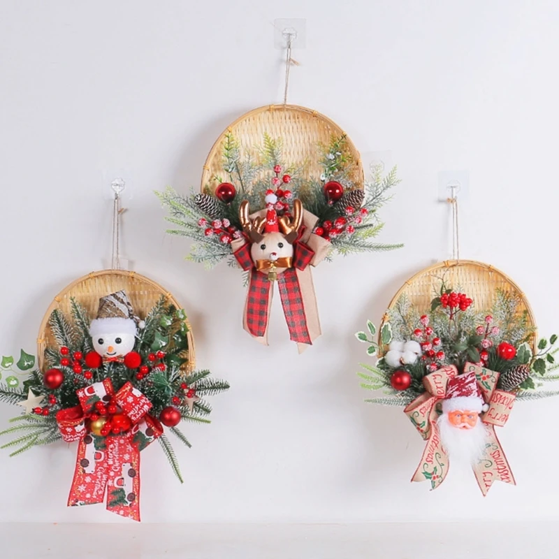 

67JE Бамбуковый рождественский венок ручной работы с украшением Санта-Клауса Уникальная праздничная уличная дверная подвеска