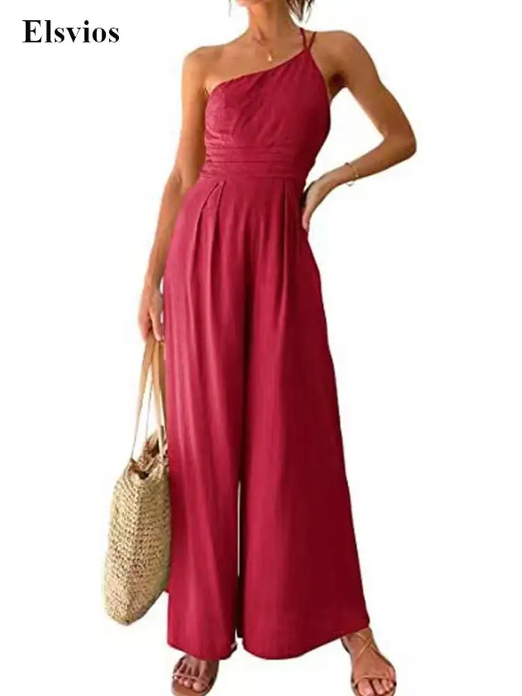 

Solid Loose Wide Leg Pant Romper Overalls Fashion Strap One-Shoulder Women Playsuit Bodysuit Female Casual Cotton Linen Jumpsuit