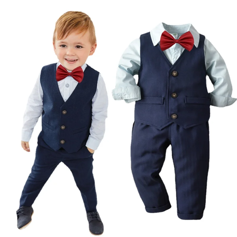 2022 Hot-selling Long-sleeved Shirt + Vest Four-piece Suit Lattice British Gentleman Formal Wear Baby Boy Birthday Party Dress