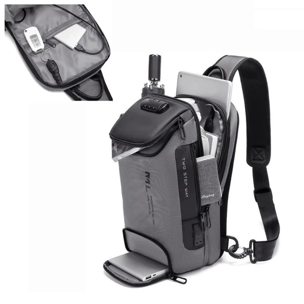 Men's Anti-theft Lock Shoulder Bag USB Cross Body Sling Chest Bags Travel Crossbody Pack Casual Messenger Pack For Male