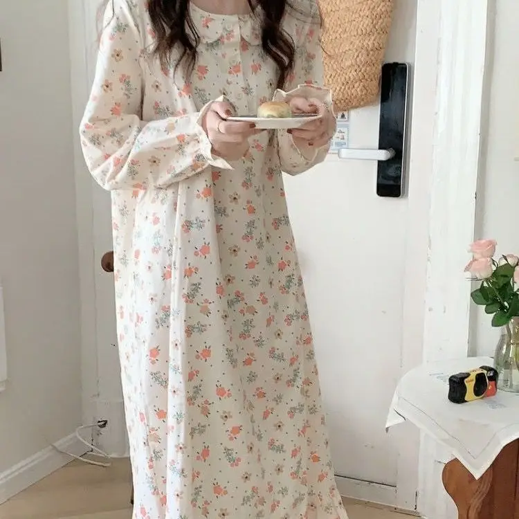 Yasuk Spring Autumn Women Casual Lovely Sweet Girl Pullover Nightdress Nightgown Pajamas Flower Gentle Lotus Sleeves Lace Soft