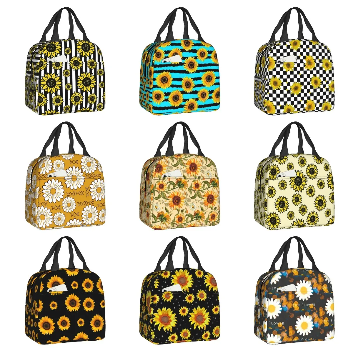 Custom Black And White Stripes Sunflowers Design Lunch Bag Men Women Warm Cooler Insulated Lunch Boxes for Adult Office