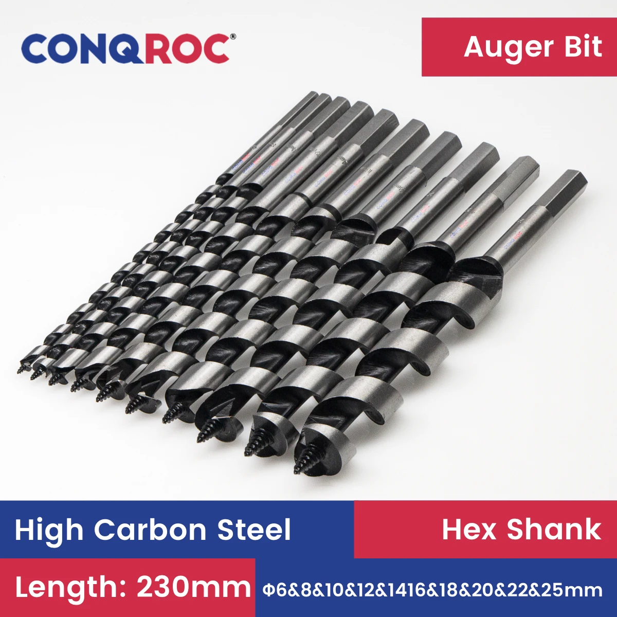 

Auger Drill Bits Set Length-230mm Spiral-Flute Woodworking Self-Centering Pole Bits Hex Shank 10-Size Diameter-6~25mm