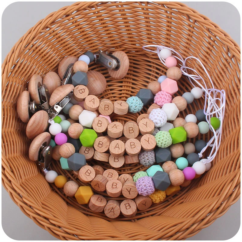 

1PC Beech Wood Chew Beads Pacifier Clips Dummy Chain Holder Cute Soother Chains Kids Teething Toy Kids Chew