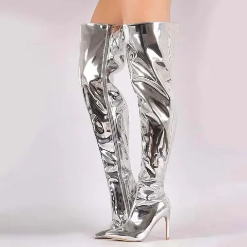 Stivali da donna Piattaforma specchio a punta punta punk punk tacchi sottili sopra gli stivali lunghi ginocchia autunno inverno zip argento casual scarpe