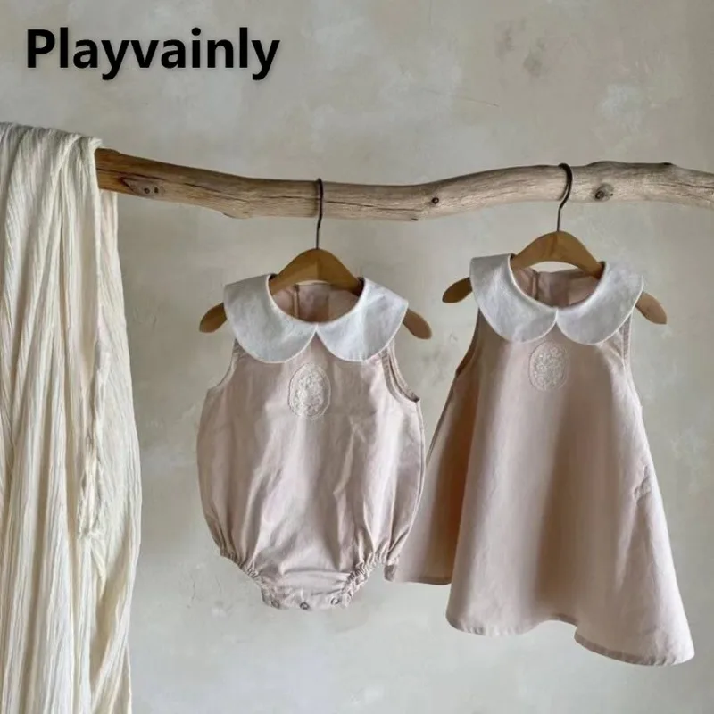

New Summer Family Matching Outfits Pink Blue Peter Pan Collar Sleeveless Bodysuit Lace Vest Dress Twins Sisters Clothing E5312