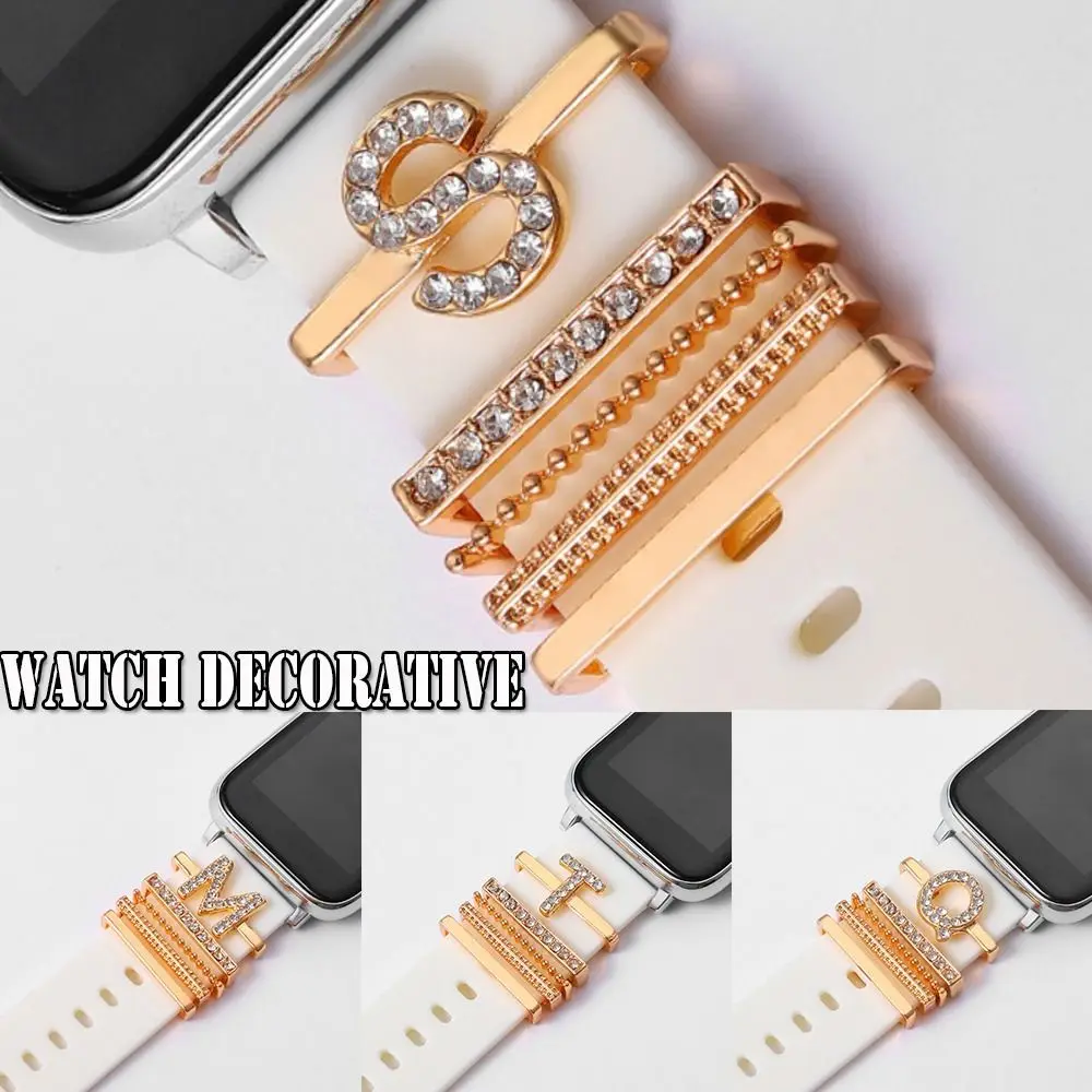 

M-L English Letter Metal Charms Decorative Ring For Apple Watch Band Diamond Ornament Smart Watch Silicone Strap Accessories