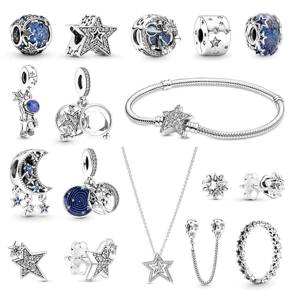 

2021 New 925 Sterling Silver Pan Sparkling Asymmetric Star Charm Snake Chain Bracelet DIY Bead Charm Gift