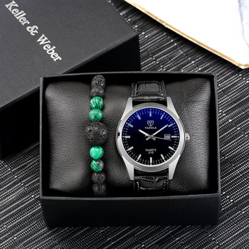 Men's Watch Bracelet Set with Calendar Vintage Bead Chain Leather Strap Fashion Quartz Watches Gift Box Father's Day for Father-36880