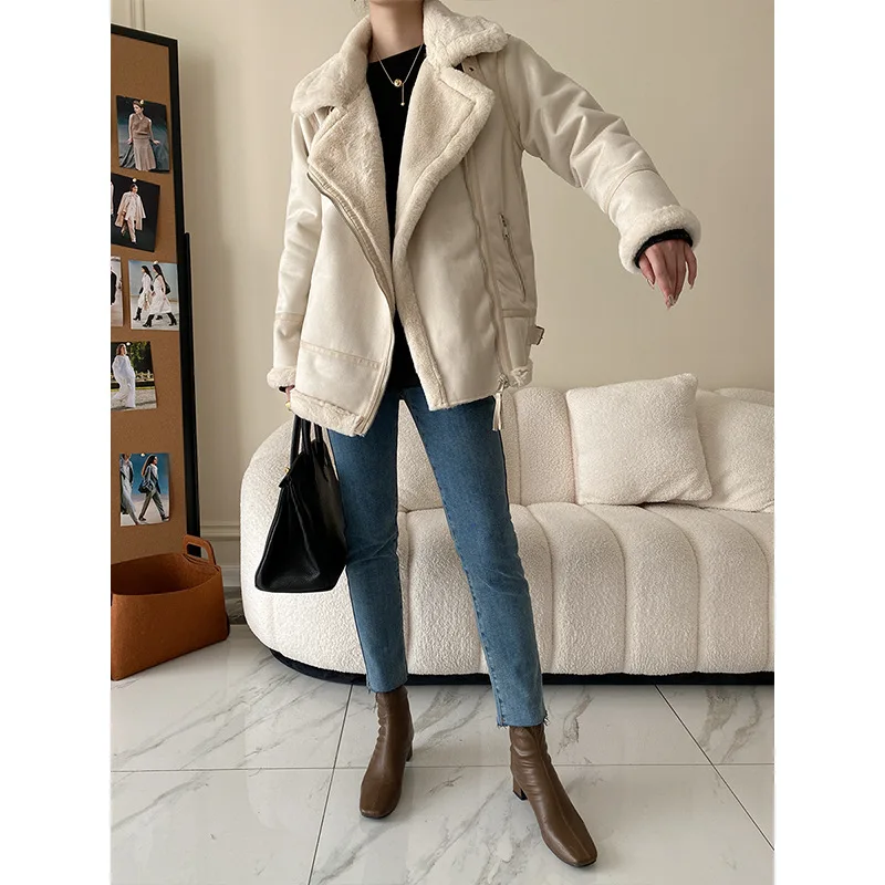 LXUNYI Shearling Coat Women 2023 Thick Warm Long Sleeve Loose Motorcycle Jacket Plush Korean Winter Ladies Suede Oversize Beige