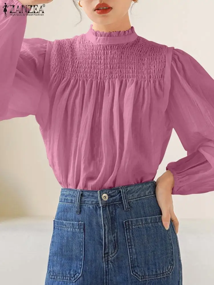 

ZANZEA Women Spring Solid Color Blouse O-Neck Long Sleeved Holiday Tops Fashion Elegant Casual Party Holiday Oversized Shirts