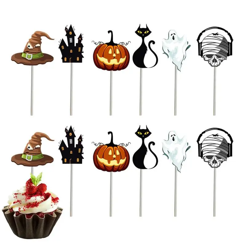 

12 PCS Halloween Cupcake Toppers Portable White Card Cupcake Picks Reusable Cute Design Cake Toppers For Party Accessories