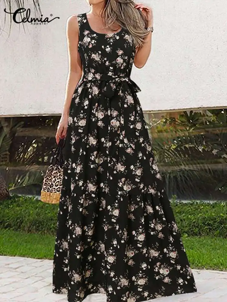 

Celmia Holiday Sleeveless Long Sundress Women Floral Print Vestido 2022 Summer Bohemian Belted Robe Casual Loose A Line Dress