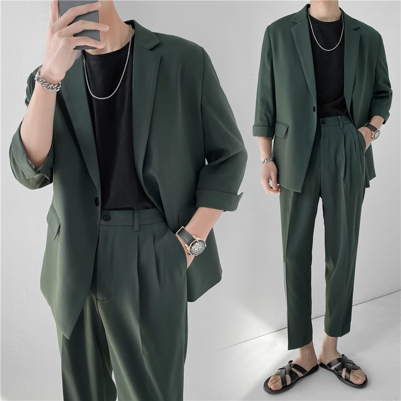 2023 Mode Musim Panas 2 Buah Set Warna Solid Pakaian Siswa Sederhana Kasual Berkancing Sebaris Pakaian Longgar Suits for Men