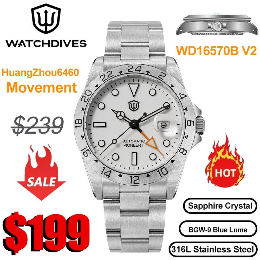 Фото Мужские часы Watchdives WD0009B 4Hz True GMT с автоматическим механизмом Hangzhou 6460, 28800 вибраций в час, сапфировое стекло, водонепроницаемость 200 м, WD16570B V2 №1