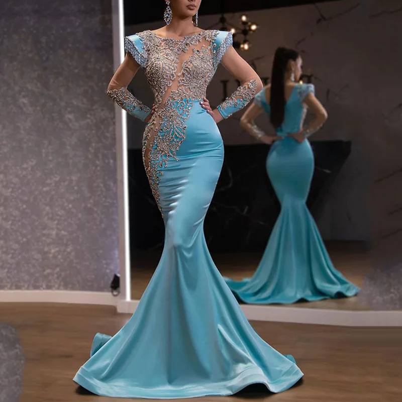 

Новинка 2023, повседневное светло-голубое платье «рыбий хвост», банкетное длинное серебристое тонкое темпераментное вечернее платье для женщин