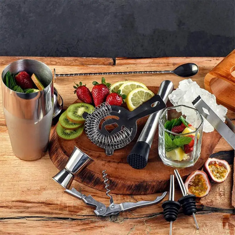 

Piece Wine Set Rose Gold Cocktail Shaker Set Stainless Steel Cocktail Shaker Wooden Stand For Bar Bartending Accessories New