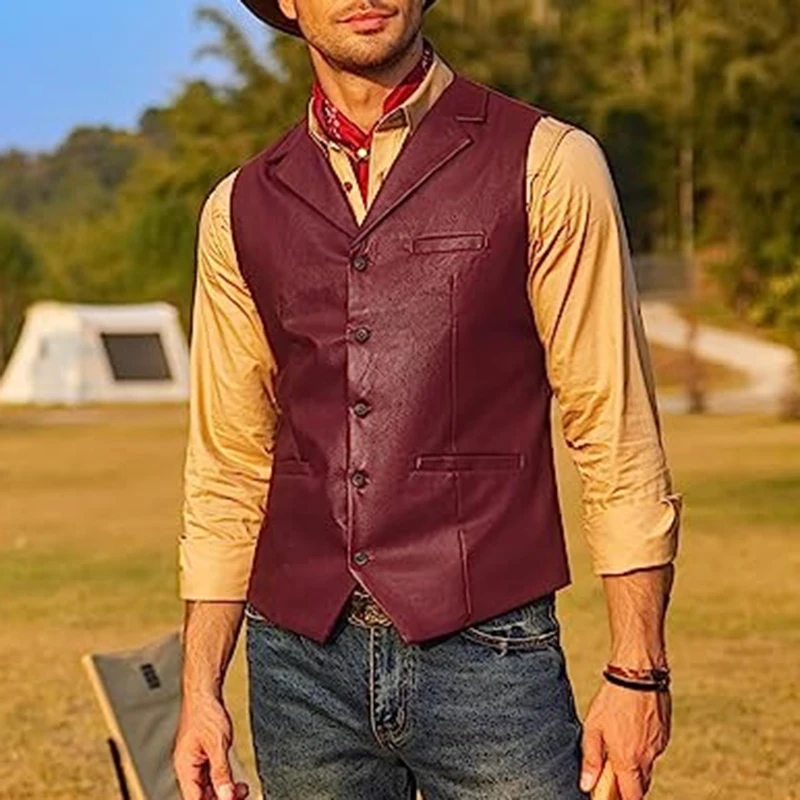 

Men Vintage Lapel Single Breasted PU Vest Coats Men's Clothing Fashion Button Sleeveless Jackets Fall Cowboy Leather Waistcoats