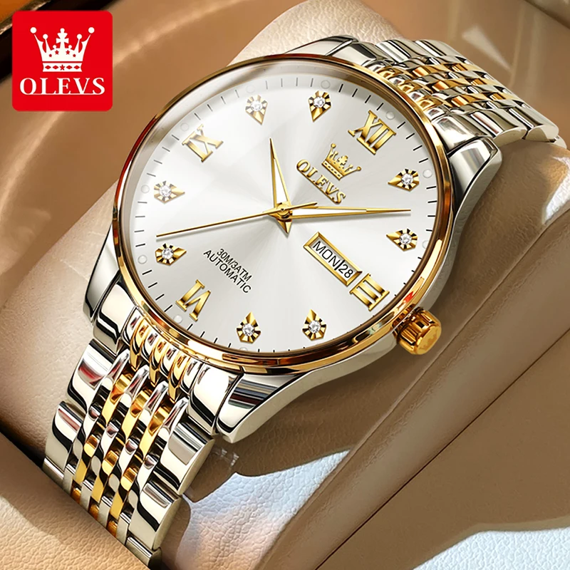 OLEVS Men Watch Genuine Watch Automatic Mechanical Watches Luminous Waterproof Weekly Calendar Display Luxury Diamond Clock 6673