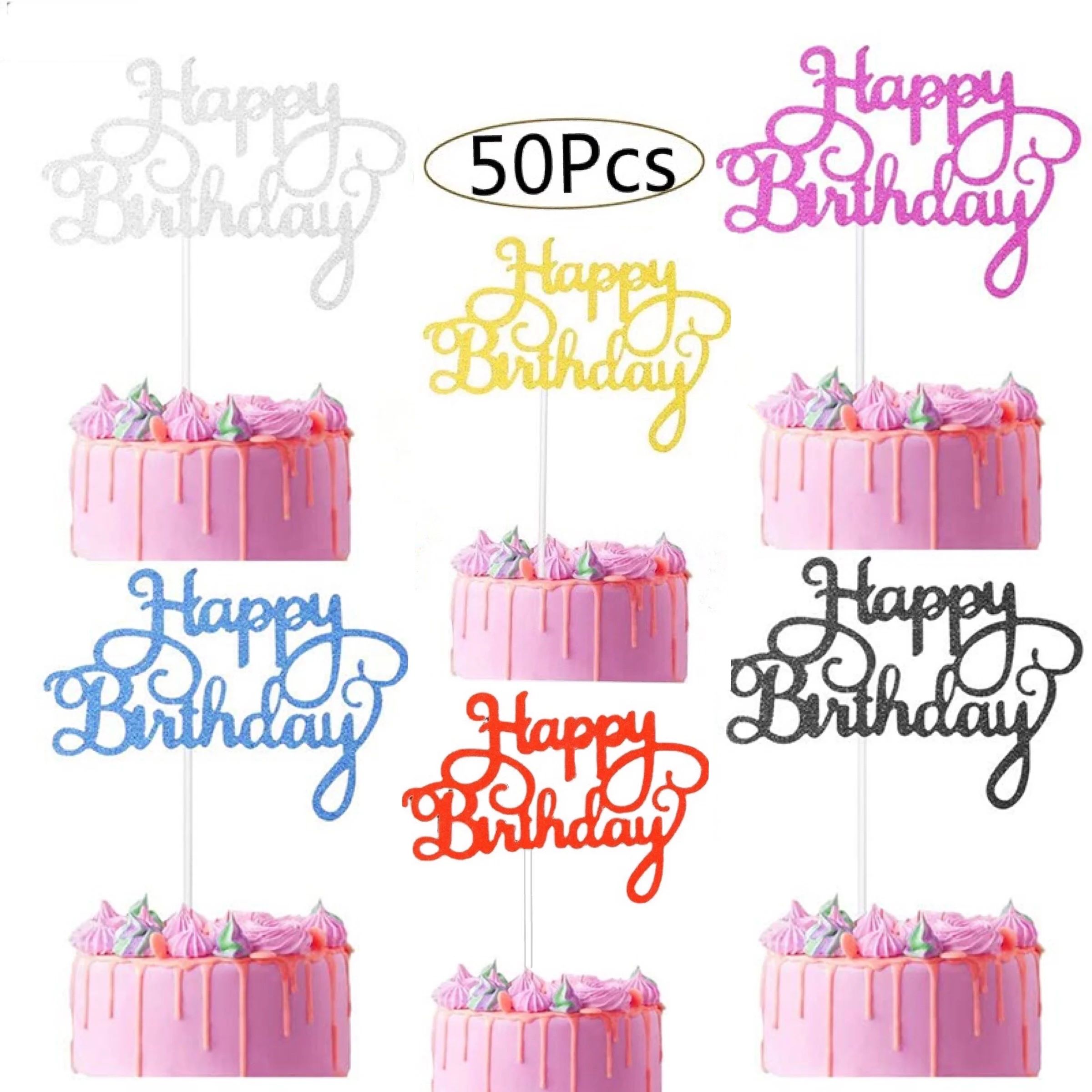 

50Pcs Happy Birthday Cake Toppers Glitter Cardstock Baby Shower Kids Party Favors Decorations Cake Decoration Supplies