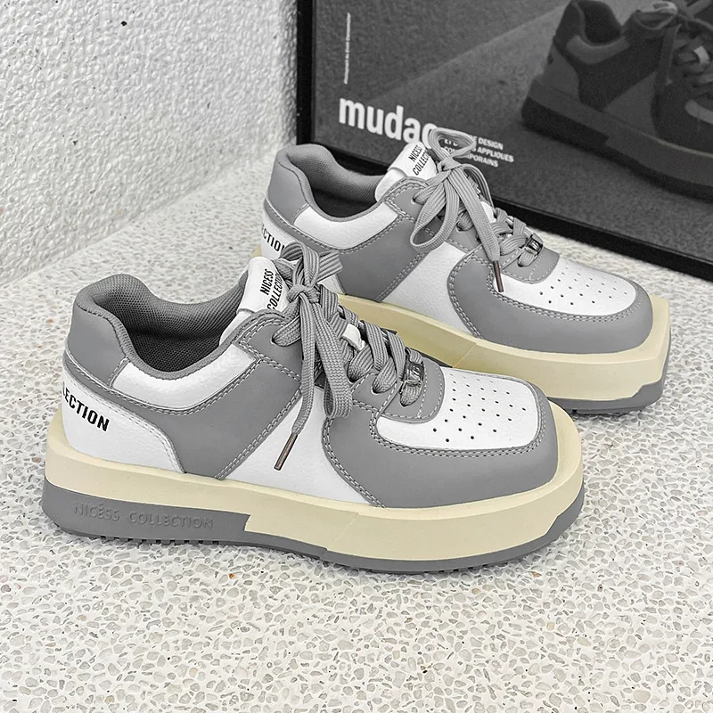 2023 Square Toe Chunky Sneakers Genuine Leather New Wedge Platform Shell Toe Breathable Vulcanized Summer Fashion Ladies Shoes