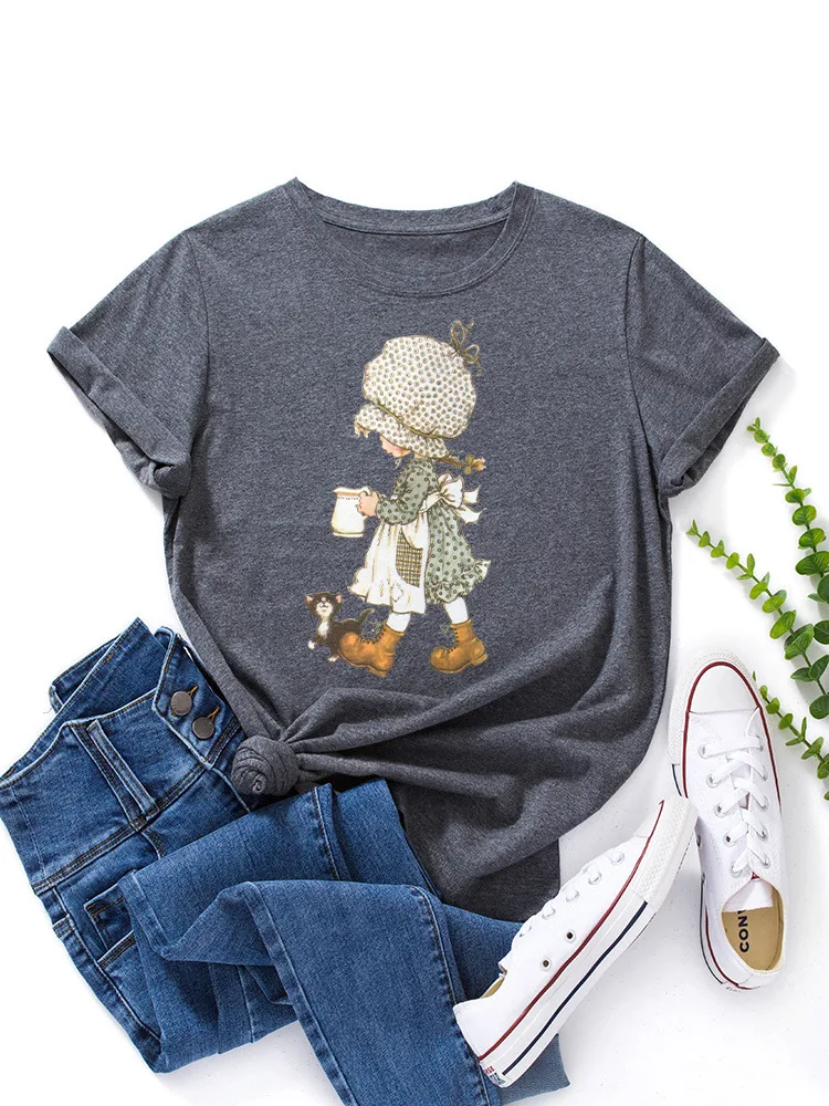 Женская хлопковая футболка с коротким рукавом круглым вырезом и принтом |