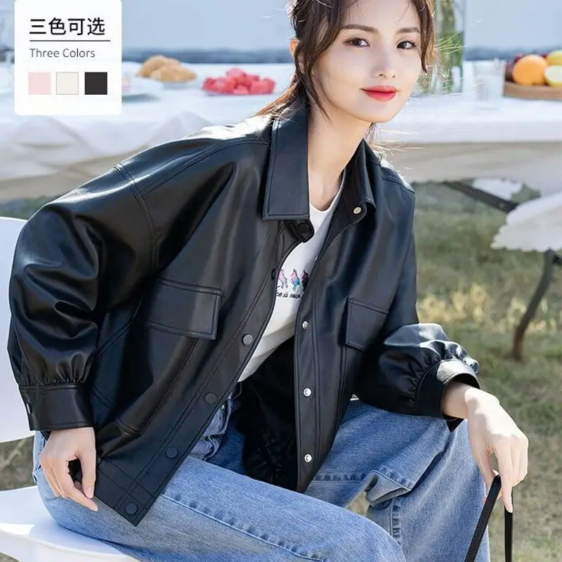 Leather coat, women's short, loose, Korean fashion, spring  autumn 2022, leather jacket, casual women's wear