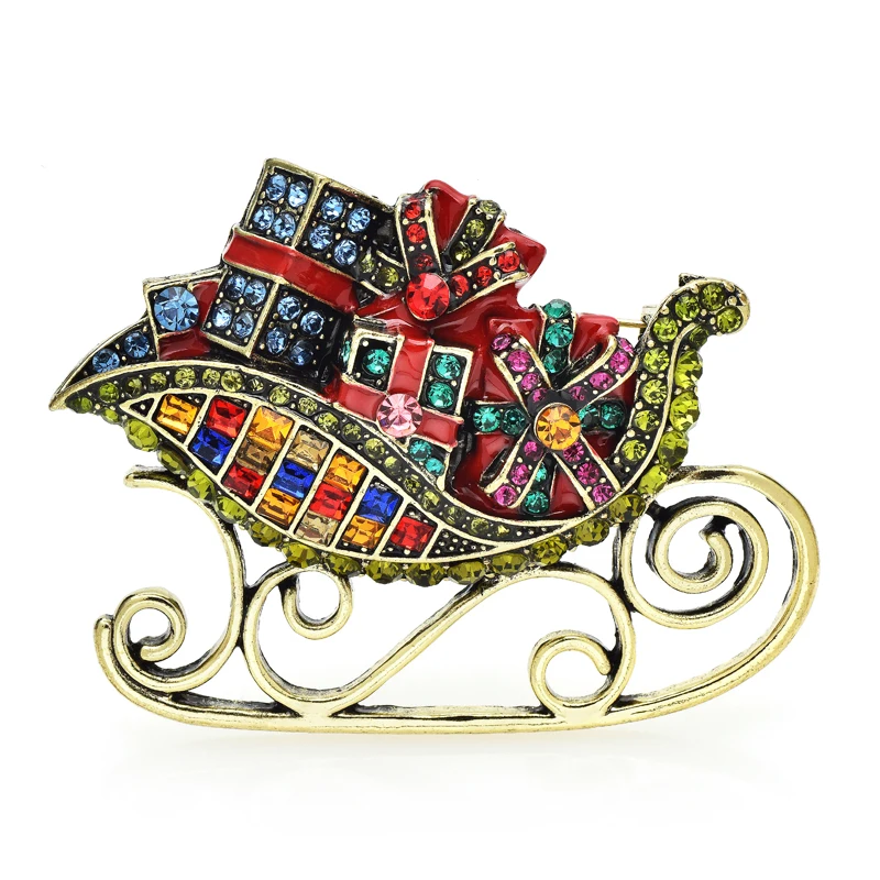Wuli&baby Taking Gifts Sleigh Brooches For Women Men Big Vintage Rhinestone Christmas New Year Brooch Pin Gifts images - 1