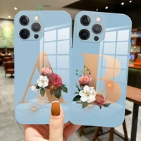 diy custom surname letter flower fashion phone case for iphone 13 pro max 12 pro max 12 mini 13 pro luxury sky blue glass cover