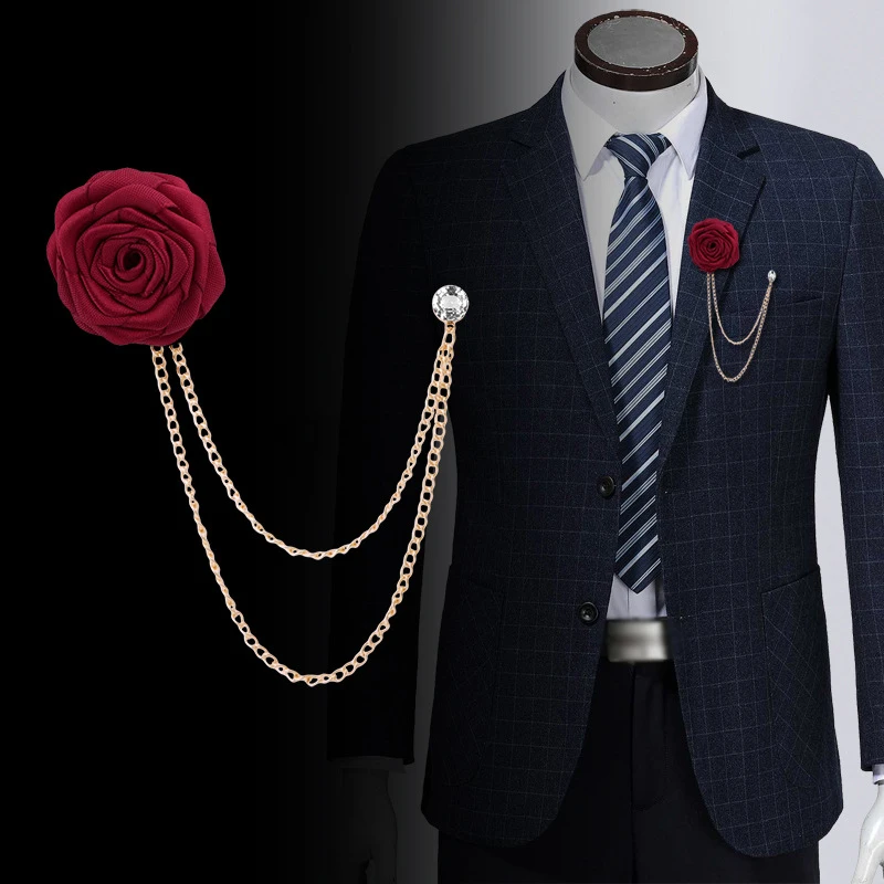 

Bridegroom Wedding Brooches Handmade Fabric Rose Flower Chain Brooch Suit Collar Tassel Chain Lapel Pin Badge Men's Suit Jewelry